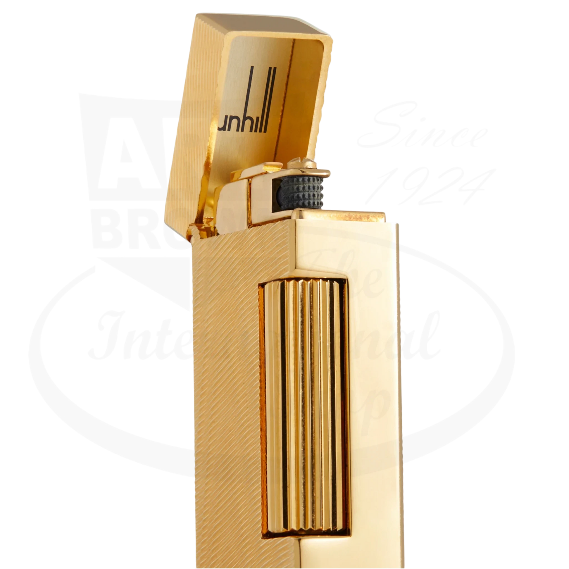 Dunhill Rollagas Gold Moire lighter gold-plated brass with moiré pattern and open lid showing wheel ignition mechanism
