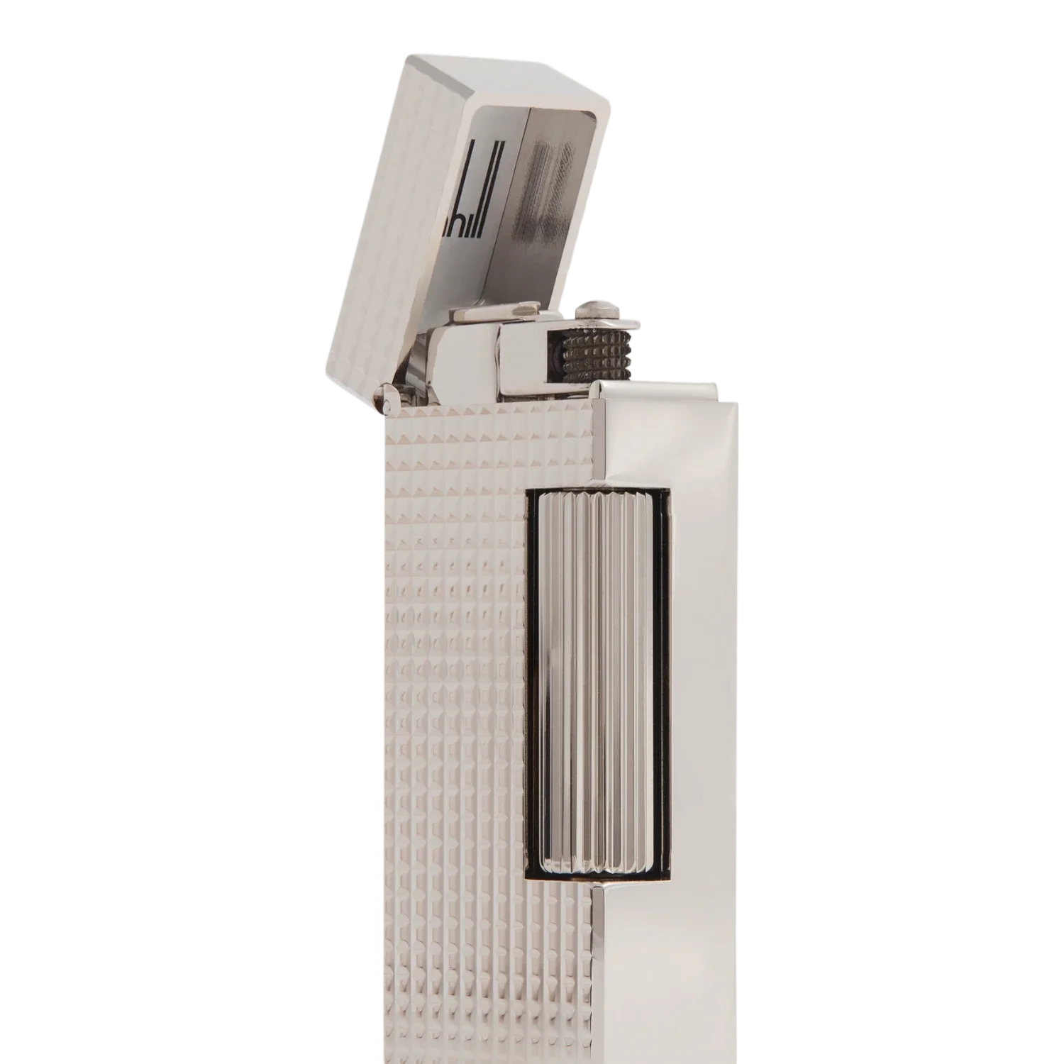 Dunhill Rollagas Hobnail Lighter close-up showing open lid and textured hobnail surface