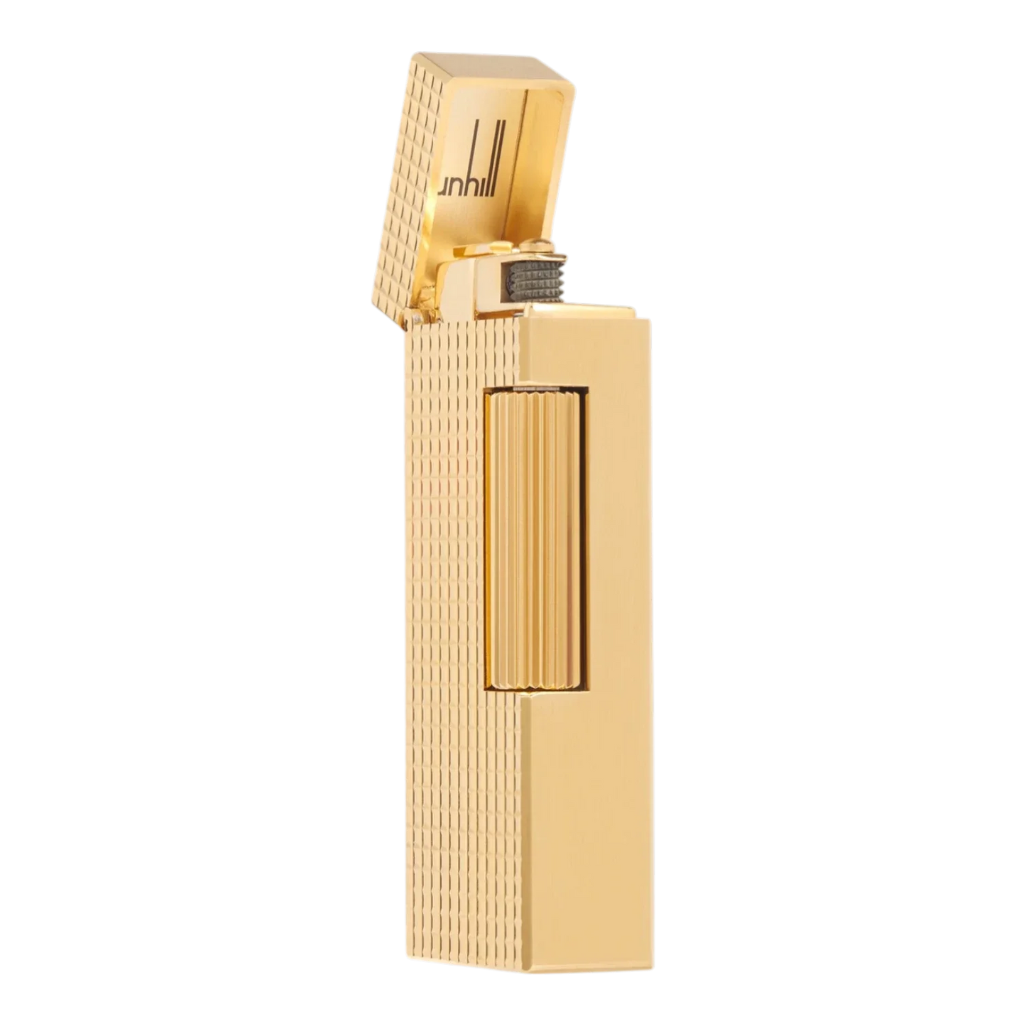 Dunhill Rollagas Hobnail Lighter with open lid showing gold geometric hobnail pattern