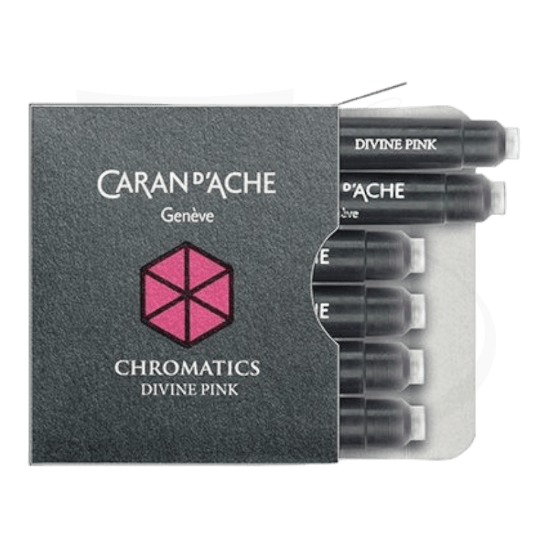 Caran d'Ache Chromatics Divine Pink fountain pen ink cartridges, 6-pack in black plastic, displayed with grey packaging featuring pink hexagonal logo