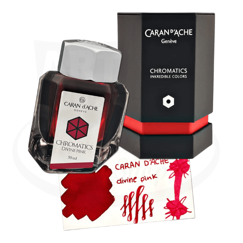 Caran D' Ache Chromatics Divine Pink fountain pen ink, in hexagonal bottle with color swatch and black hexagonal box