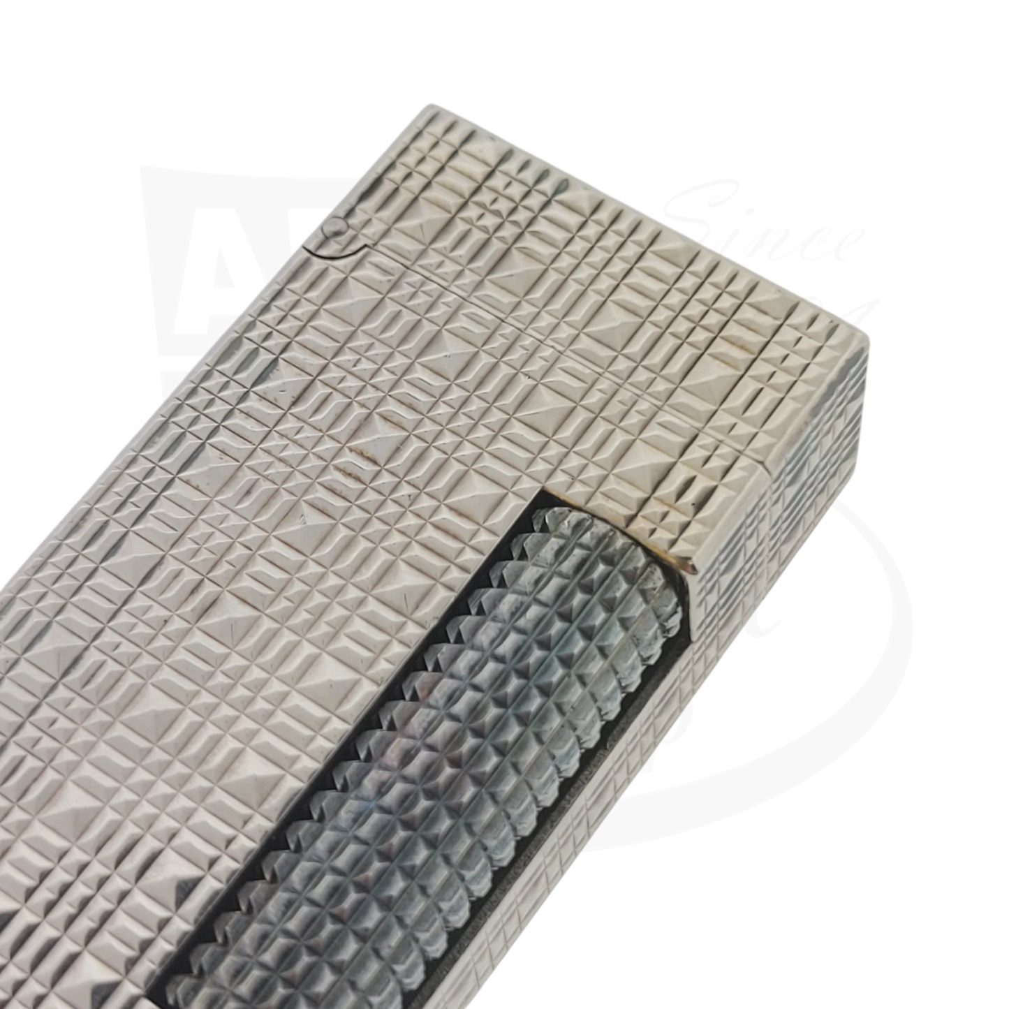 Preowned Dunhill Rollagas Silver Tartan Square Guilloche Table Lighter Dunhill-31 silver-plated brass engraved pattern compact design