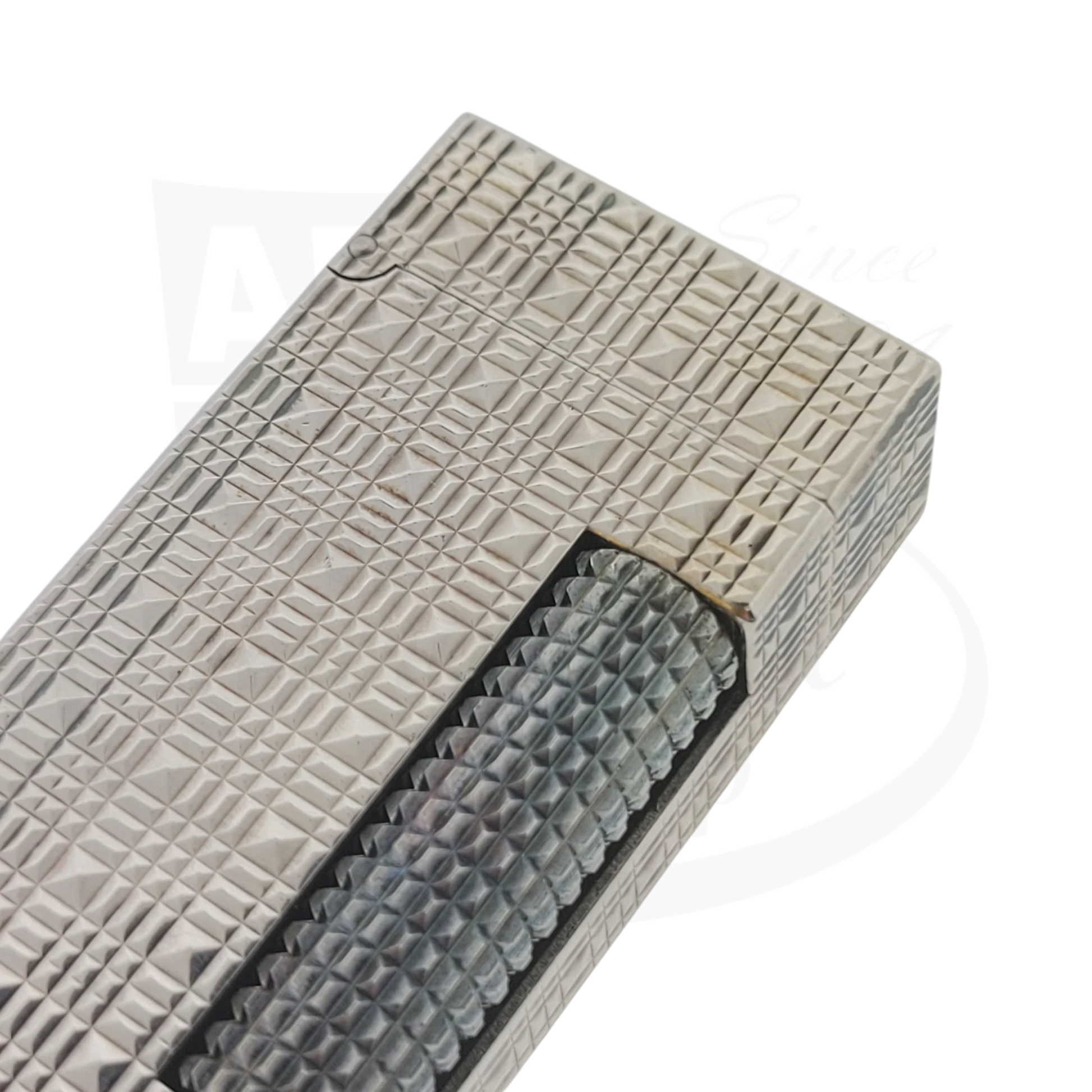 Preowned Dunhill Rollagas Silver Tartan Square Guilloche Table Lighter Dunhill-31 silver-plated brass engraved pattern compact design