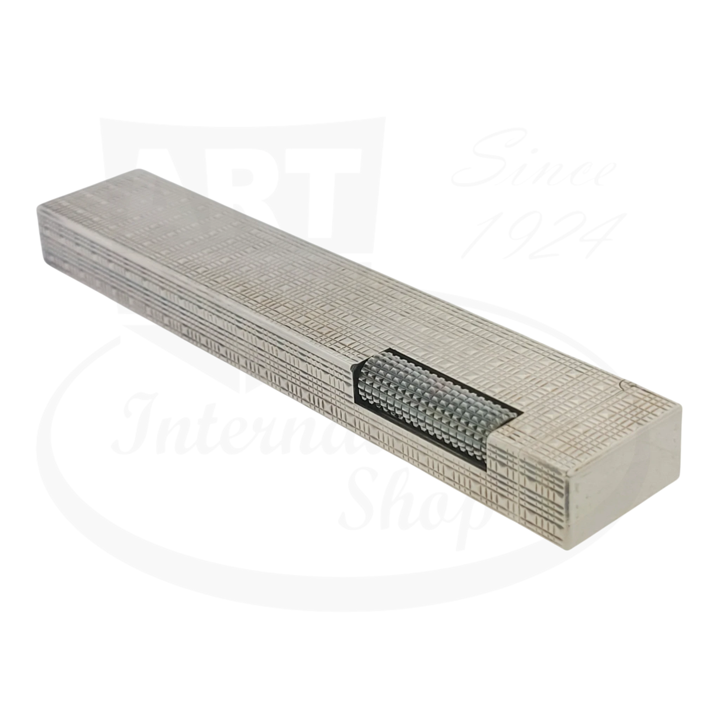 Dunhill Rollagas Silver Tartan Square Guilloche Table Lighter Dunhill-31 silver-plated brass, engraved tartan pattern, rectangular shape