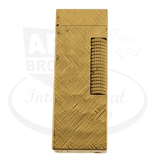 Dunhill Rollagas B57 gold-plated lighter featuring Florentine pattern engraving with textured roller wheel, rectangular vintage design in pristine condition