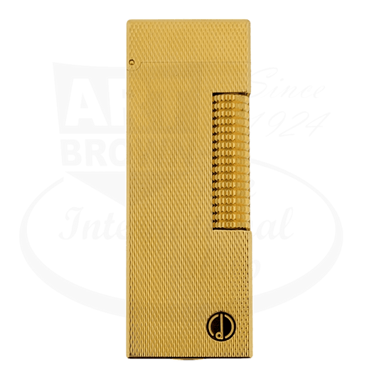 Dunhill Rollagas RL1402 brass gold-plated pipe lighter featuring barley grain texture pattern and signature 'D' logo on rectangular body