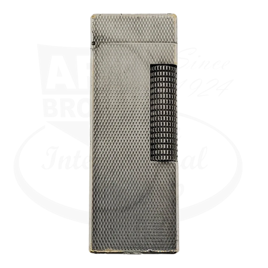 Dunhill Rollagas silver-plated lighter featuring barley grain pattern texture, black ignition roller, rectangular vintage design with patina signs