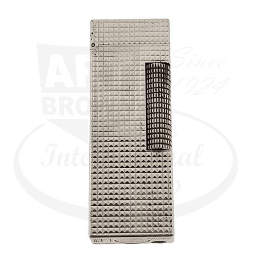 Dunhill Rollagas silver-plated hobnail pattern lighter with textured chevron design and black roller ignition, displaying classic rectangular shape