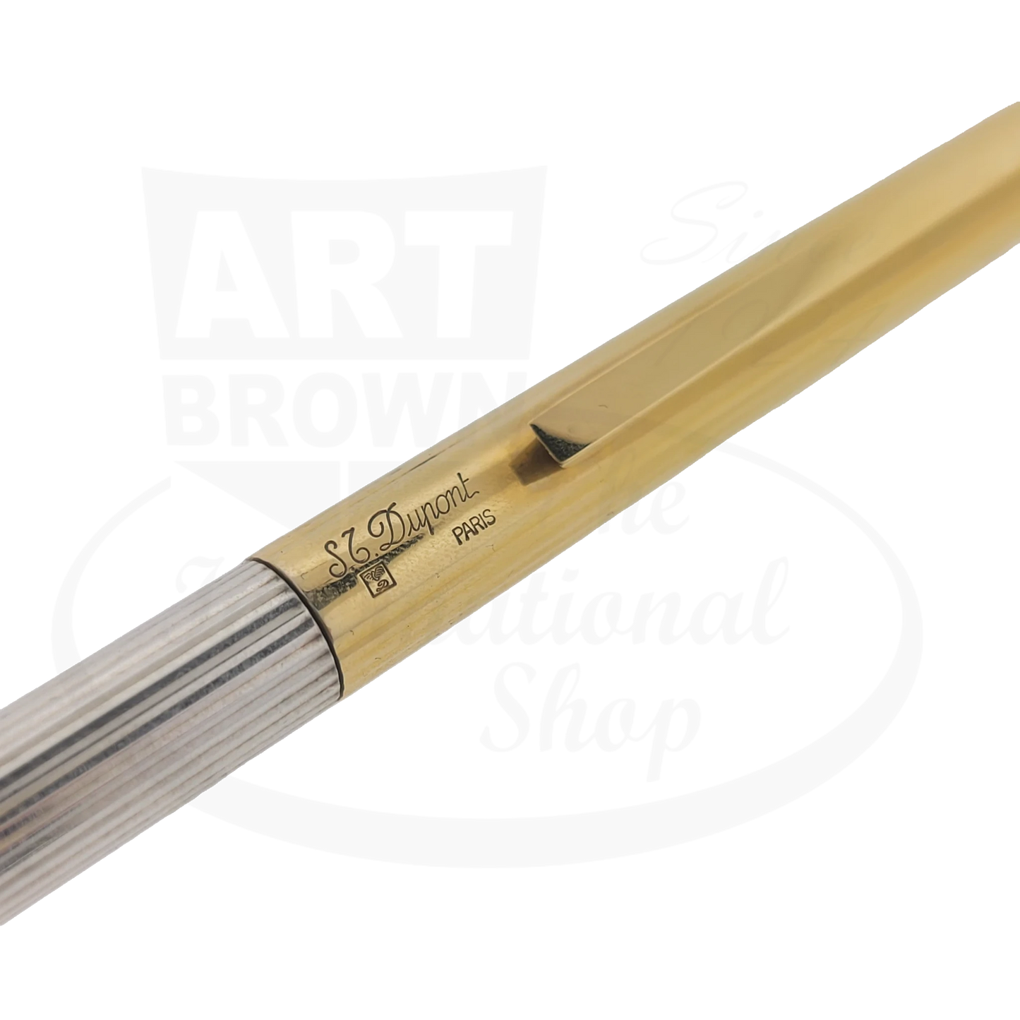 Close up of S.T. Dupont engraving and hallmarks on two-tone Classique ballpoint pen.