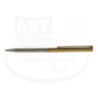 S.T. Dupont Classique duotone ballpoint pen, with silver and gold vertical lines, seen from the side.