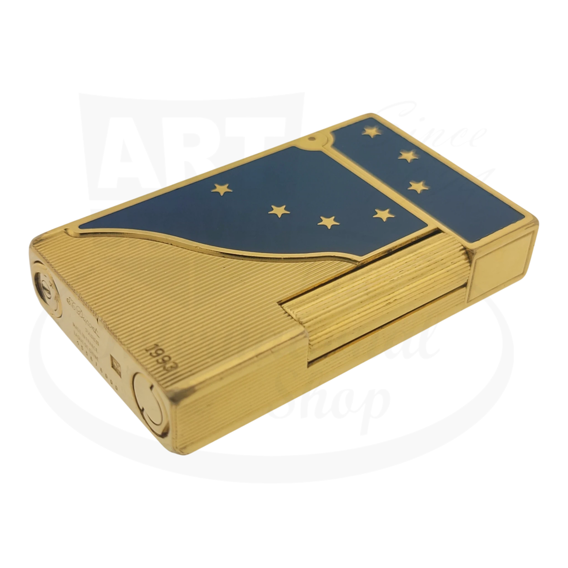 S.T. Dupont Ligne 2 Europa 34 gold-plated brass lighter with blue lacquer and twelve gold stars, 1993 limited edition