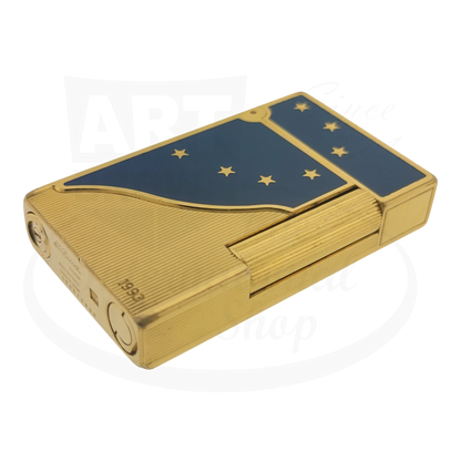S.T. Dupont Ligne 2 Europa 34 gold-plated brass lighter with blue lacquer and twelve gold stars, 1993 limited edition