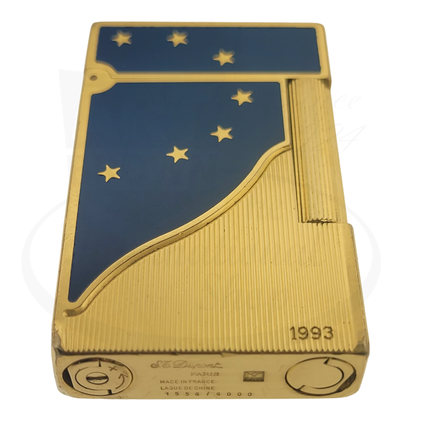 S.T. Dupont Ligne 2 Europa 34 gold-plated brass lighter with blue lacquer and gold stars, engraved 1993, limited edition