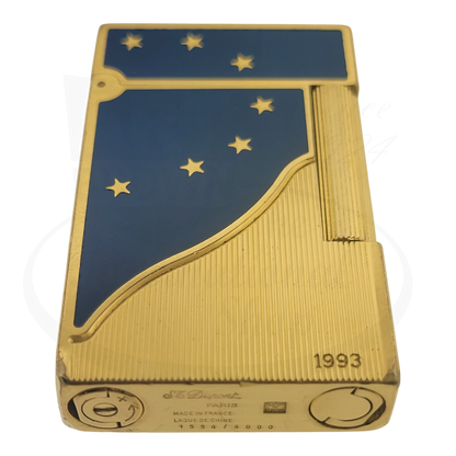 S.T. Dupont Ligne 2 Europa 34 gold-plated brass lighter with blue lacquer and gold stars, engraved 1993, limited edition