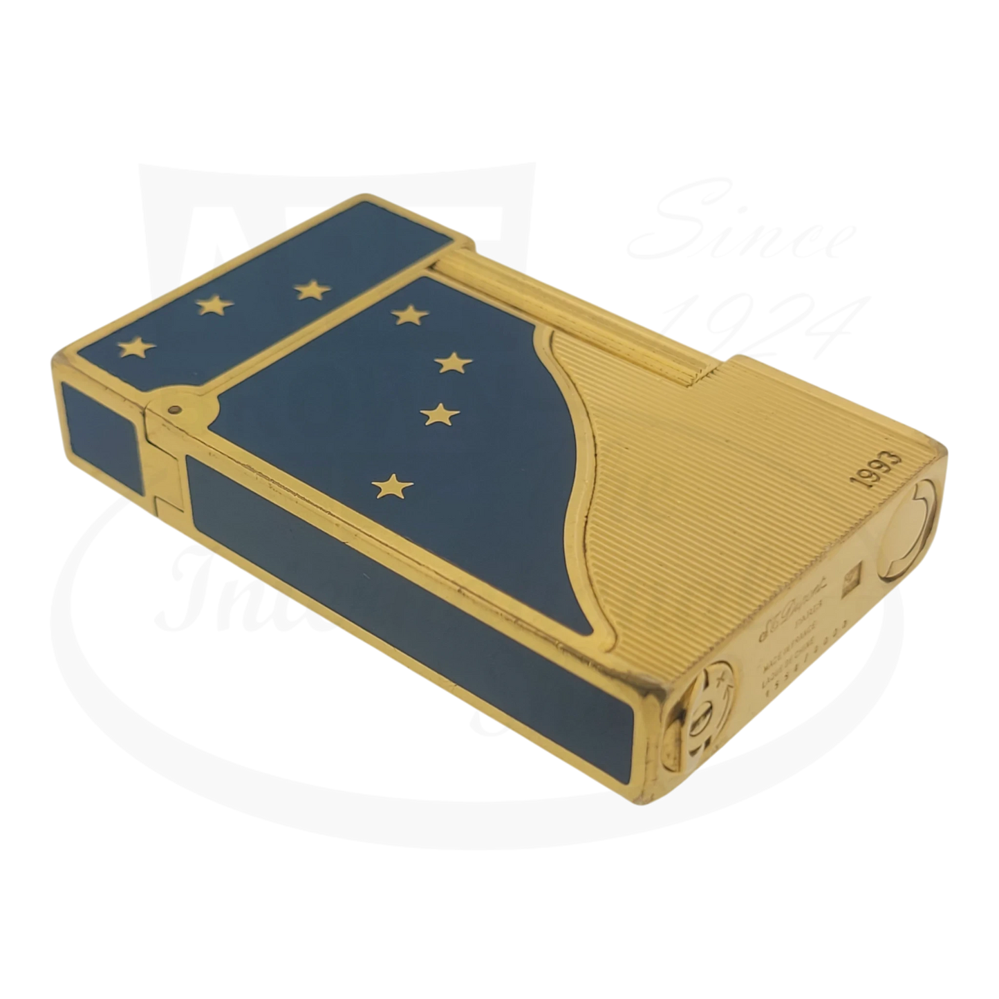 S.T. Dupont Ligne 2 Europa lighter Dupont-34 gold-plated brass with blue lacquer and gold stars vintage 1993