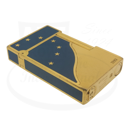S.T. Dupont Ligne 2 Europa lighter Dupont-34 gold-plated brass with blue lacquer and gold stars vintage 1993