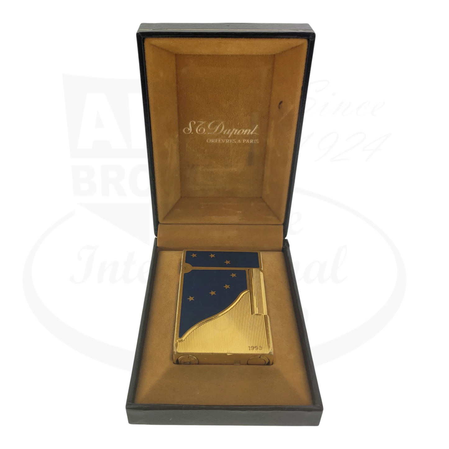 S.T. Dupont Ligne 2 Europa 34 gold-plated brass lighter with blue lacquer, gold stars, in suede-lined presentation box