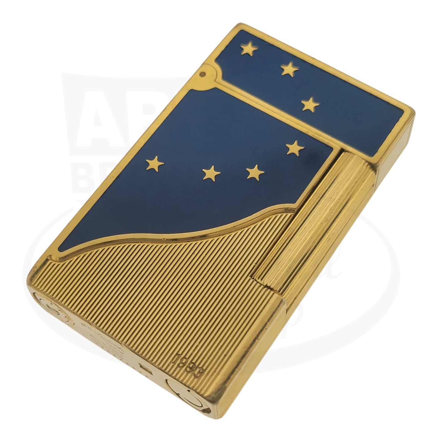 S.T. Dupont Ligne 2 Europa preowned lighter gold-plated brass with blue lacquer and gold stars limited edition 1993