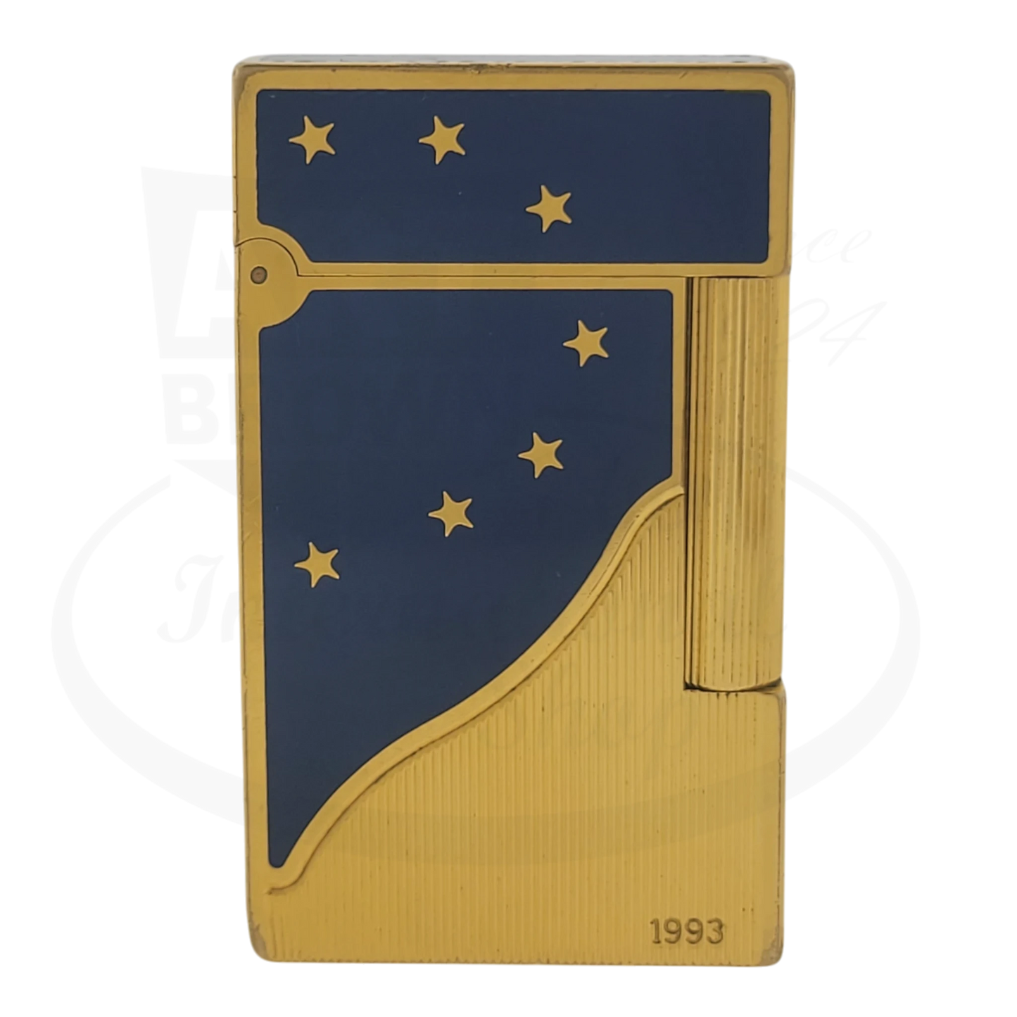 S.T. Dupont Ligne 2 Europa 34 gold-plated brass lighter with blue lacquer and gold stars, engraved 1993 base