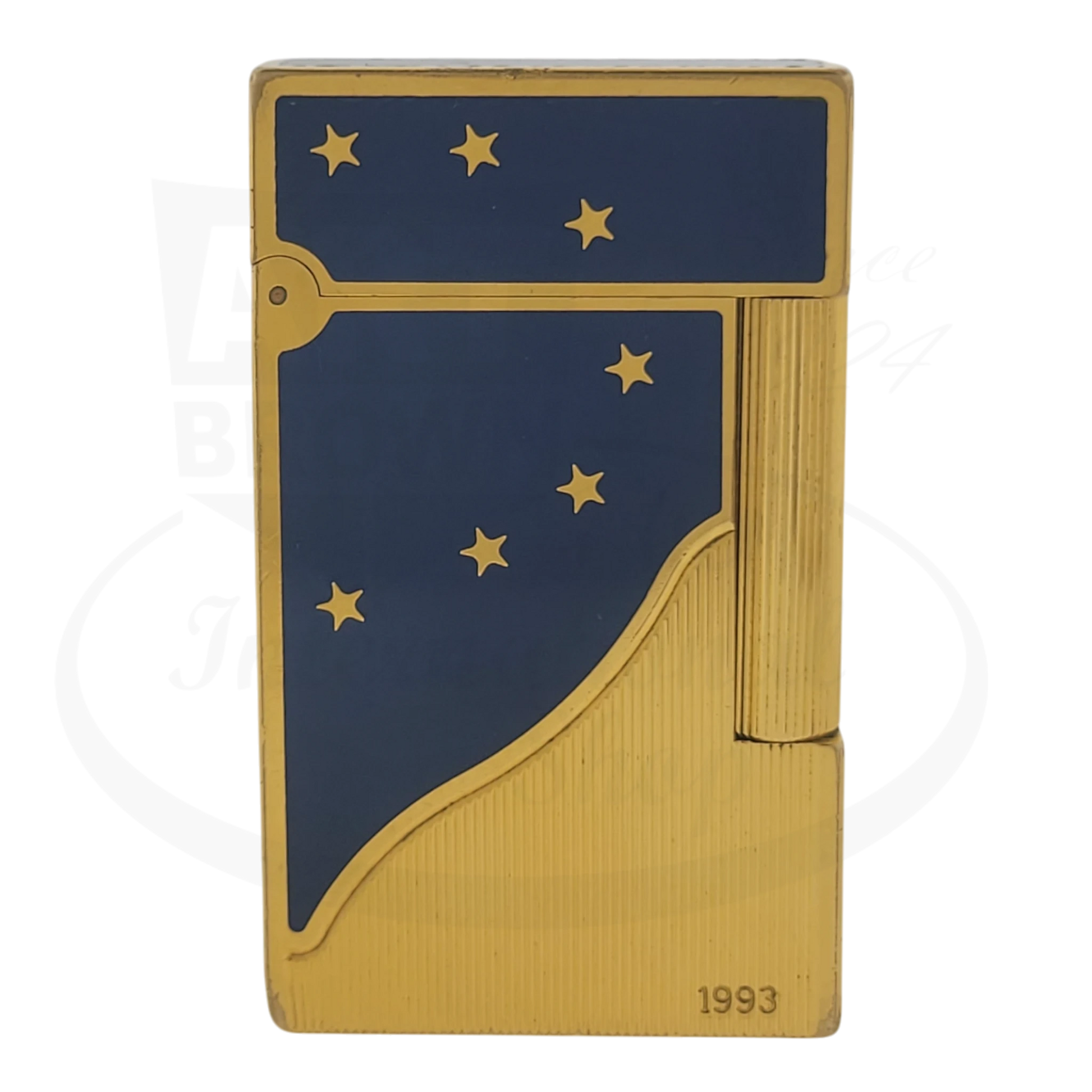 S.T. Dupont Ligne 2 Europa 34 gold-plated brass lighter with blue lacquer and gold stars, engraved 1993 base