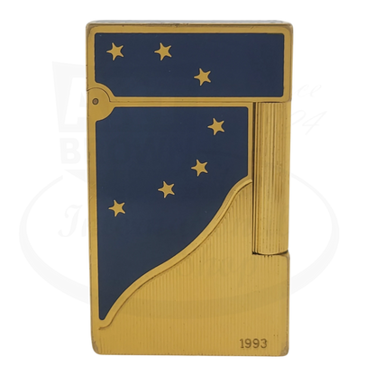 S.T. Dupont Ligne 2 Europa 34 gold-plated brass lighter with blue lacquer and gold stars, engraved 1993 base