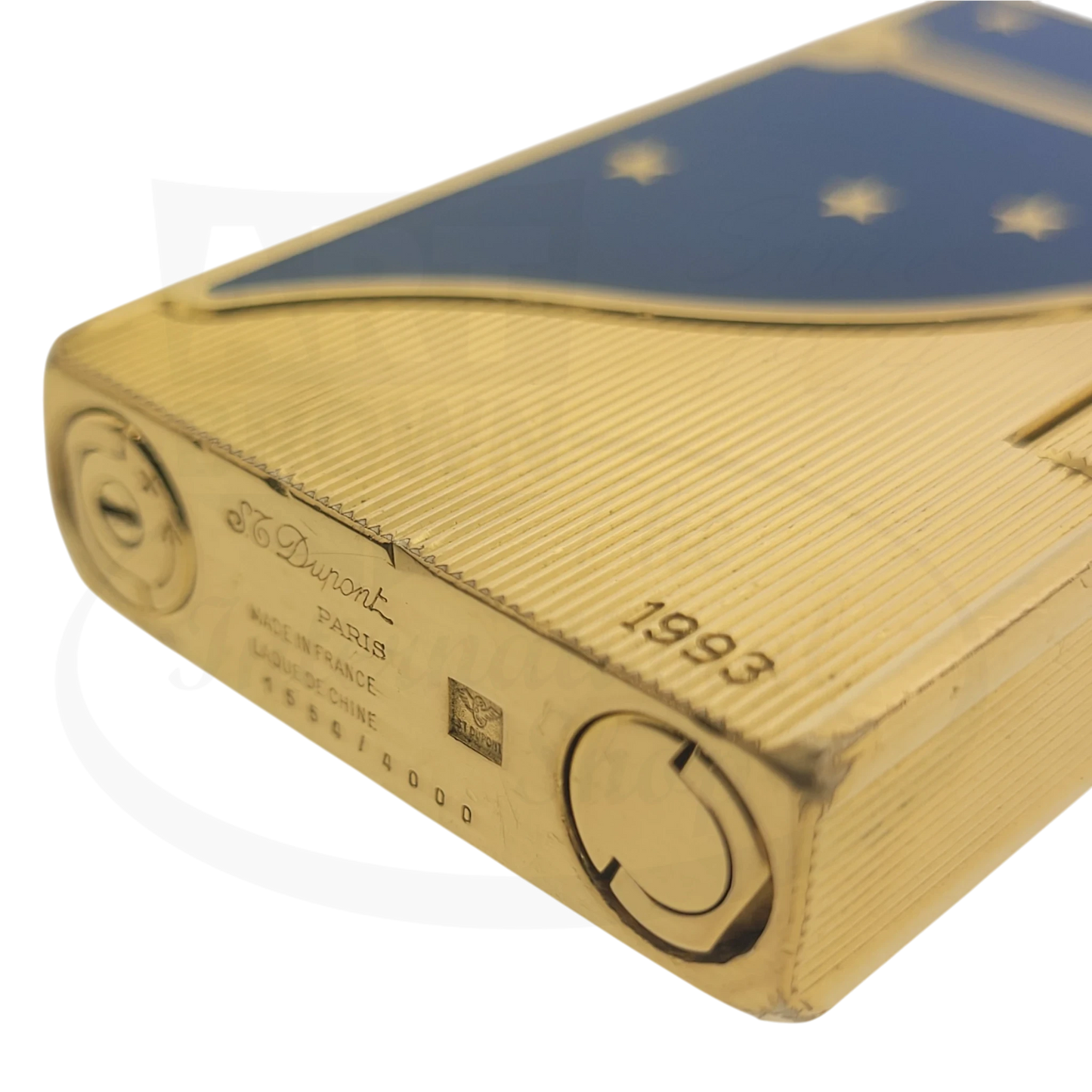 S.T. Dupont Ligne 2 Europa 34 gold-plated brass lighter with blue lacquer and gold stars, engraved 1993, limited edition