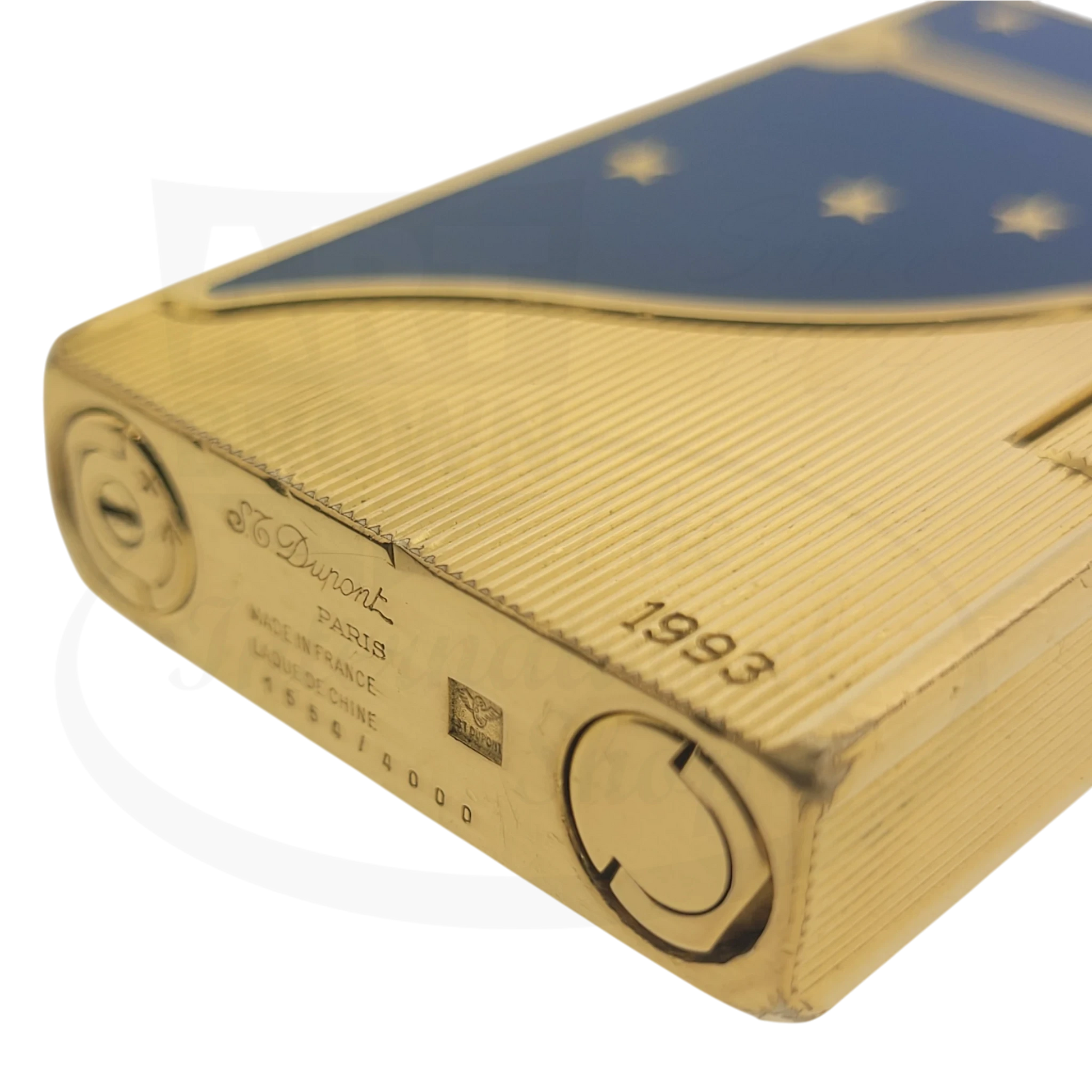 S.T. Dupont Ligne 2 Europa 34 gold-plated brass lighter with blue lacquer and gold stars, engraved 1993, limited edition