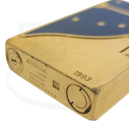 S.T. Dupont Ligne 2 Europa 34 gold-plated brass lighter with blue lacquer and gold stars, engraved 1993, limited edition