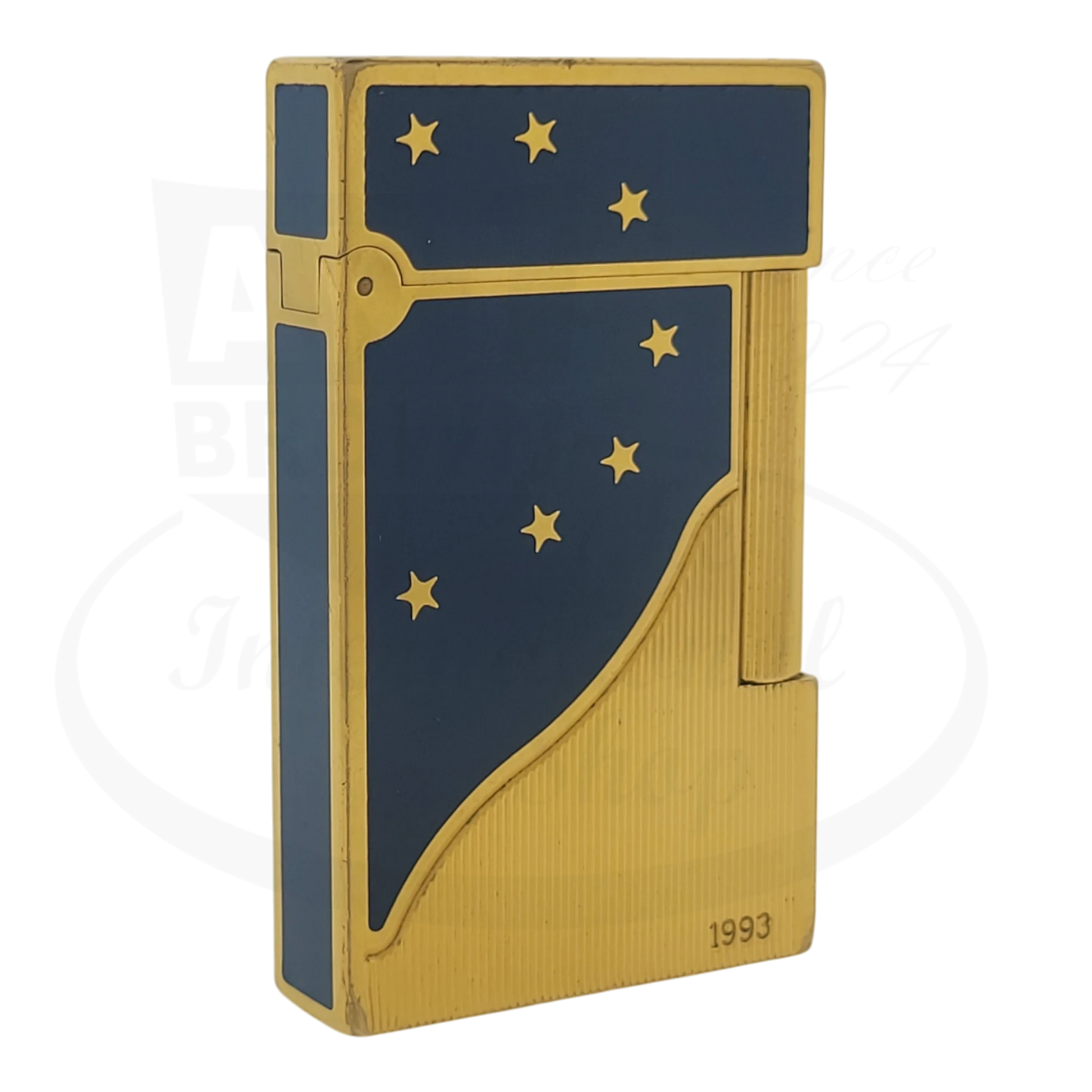 S.T. Dupont Ligne 2 Europa 34 gold-plated brass lighter with blue lacquer and gold stars, 1993 vintage design