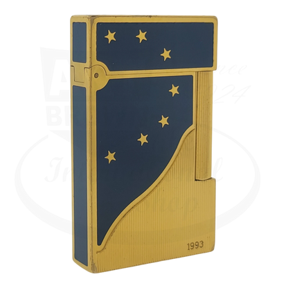 S.T. Dupont Ligne 2 Europa 34 gold-plated brass lighter with blue lacquer and gold stars, 1993 vintage design