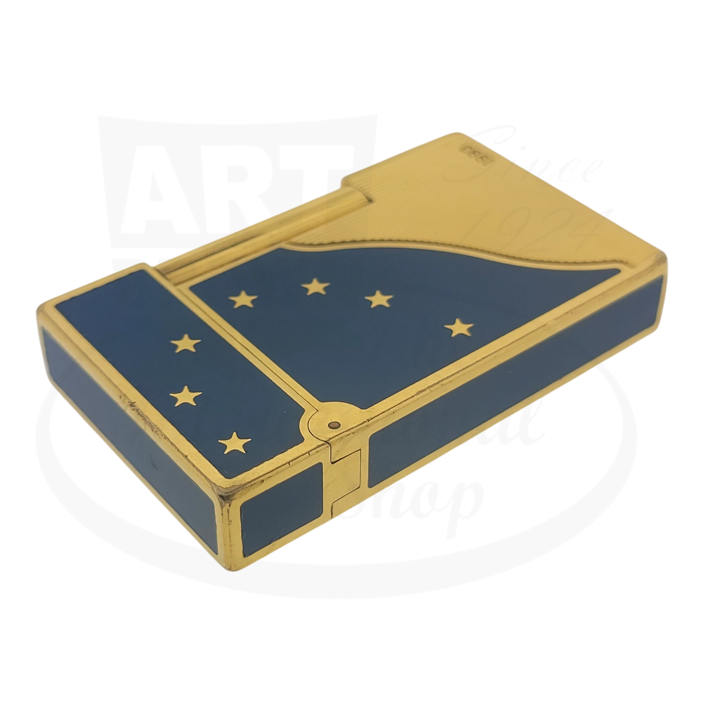 S.T. Dupont Ligne 2 Europa lighter, Dupont-34, gold-plated brass with blue lacquer and gold stars, vintage rectangular design