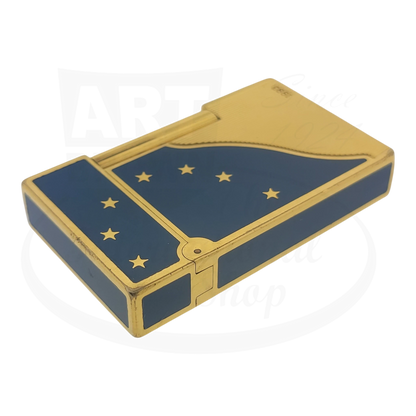 S.T. Dupont Ligne 2 Europa lighter, Dupont-34, gold-plated brass with blue lacquer and gold stars, vintage rectangular design