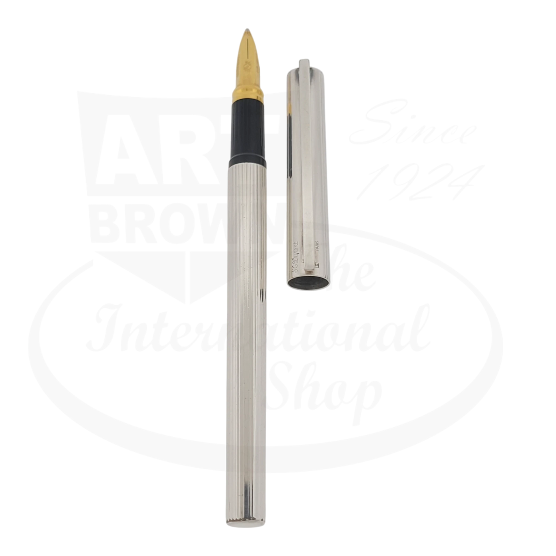 Preowned Vintage S.T. Dupont Classique Silver Vertical Lines fountain pen with gold nib and black grip section