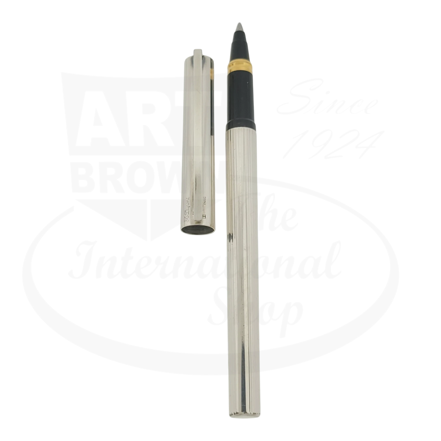 S.T. Dupont Classique Silver Vertical Lines Rollerball Pen, silver-plated with black grip and gold trim