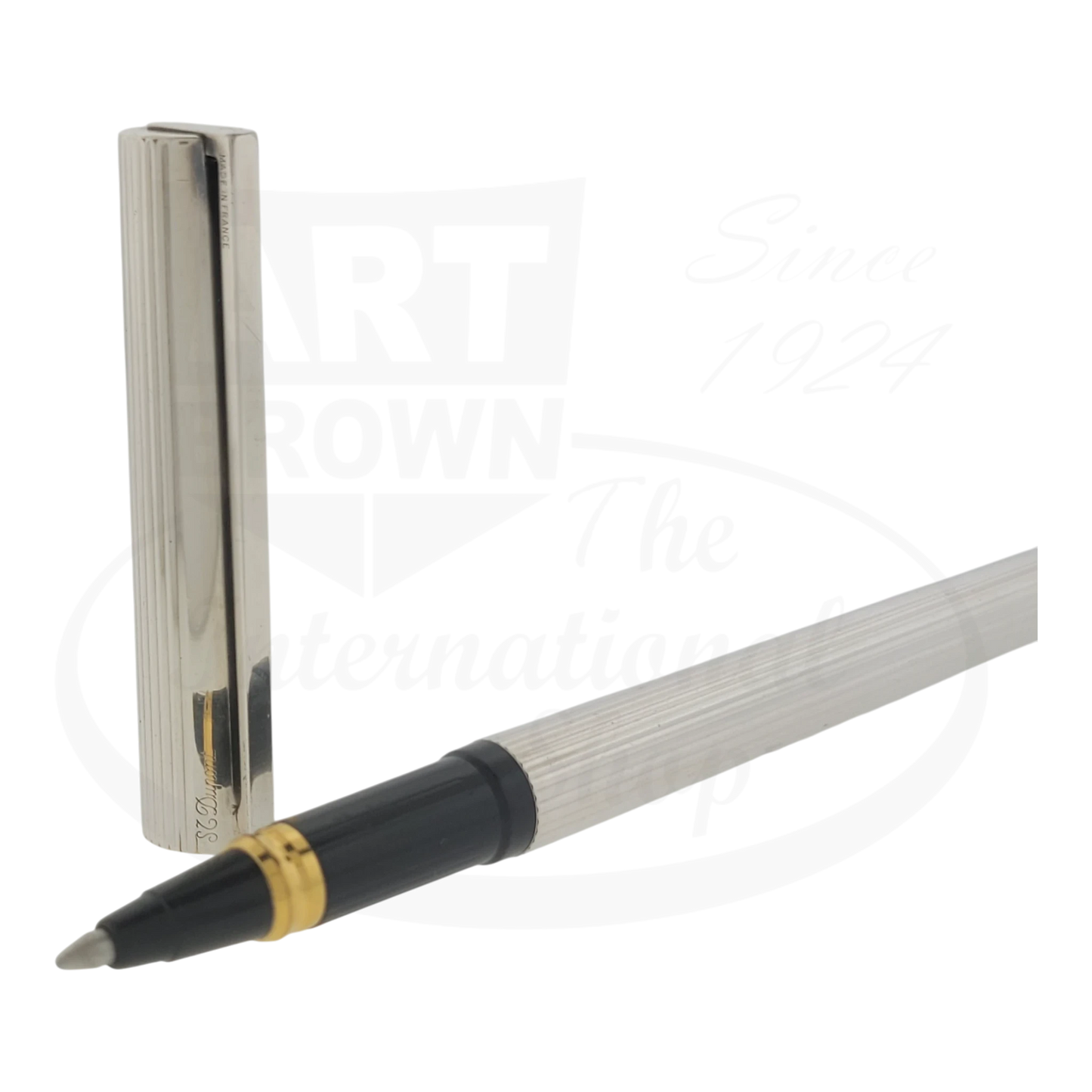 S.T. Dupont Classique Silver Vertical Lines Rollerball Pen, silver guilloché with black grip and gold trim