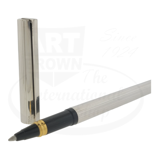 S.T. Dupont Classique Silver Vertical Lines Rollerball Pen, silver guilloché with black grip and gold trim