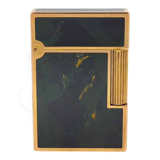 Preowned Vintage S.T. Dupont Ligne 2 Green Abstract Chinese Lacquer & Gold Lighter, Dupont-50
