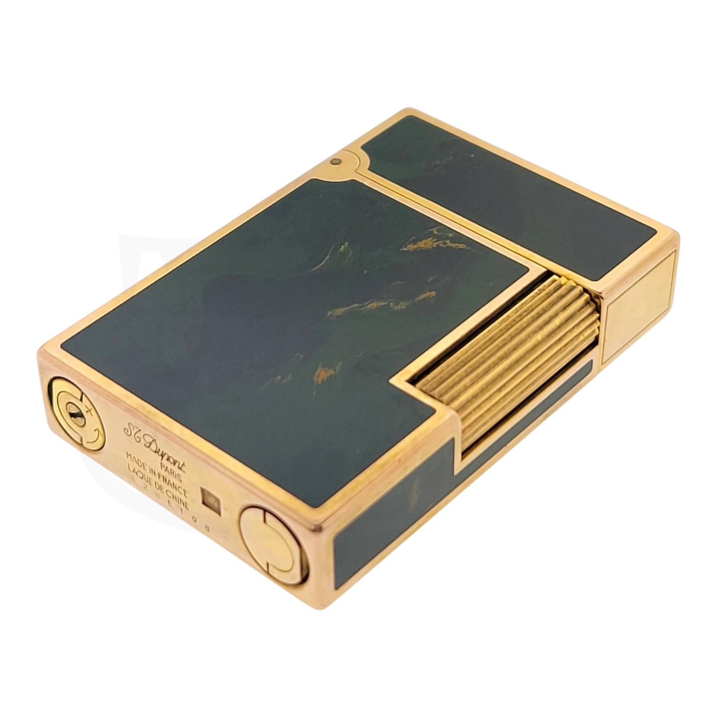 Preowned Vintage S.T. Dupont Ligne 2 Green Abstract Chinese Lacquer & Gold Lighter, Dupont-50