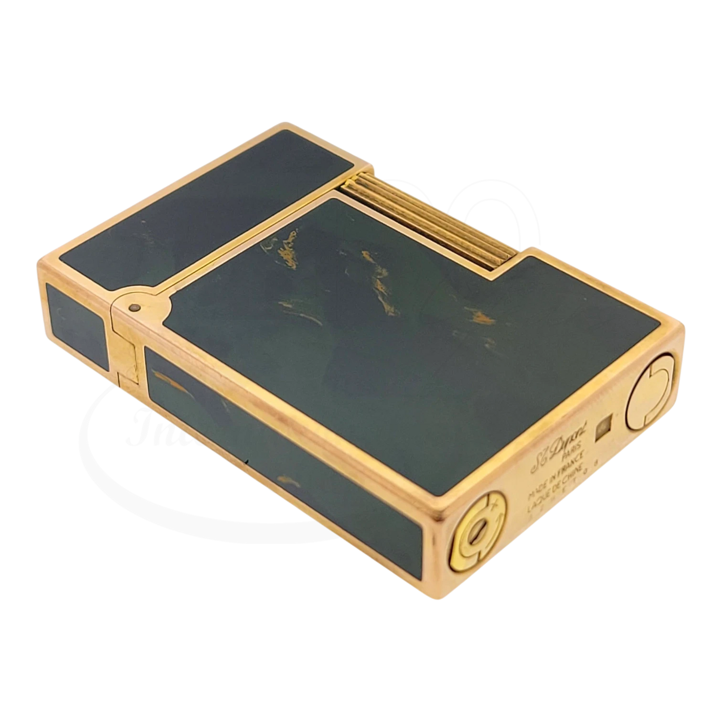 Preowned Vintage S.T. Dupont Ligne 2 Green Abstract Chinese Lacquer & Gold Lighter, Dupont-50