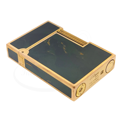 Preowned Vintage S.T. Dupont Ligne 2 Green Abstract Chinese Lacquer & Gold Lighter, Dupont-50