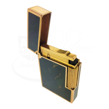 Preowned Vintage S.T. Dupont Ligne 2 Green Abstract Chinese Lacquer & Gold Lighter, Dupont-50