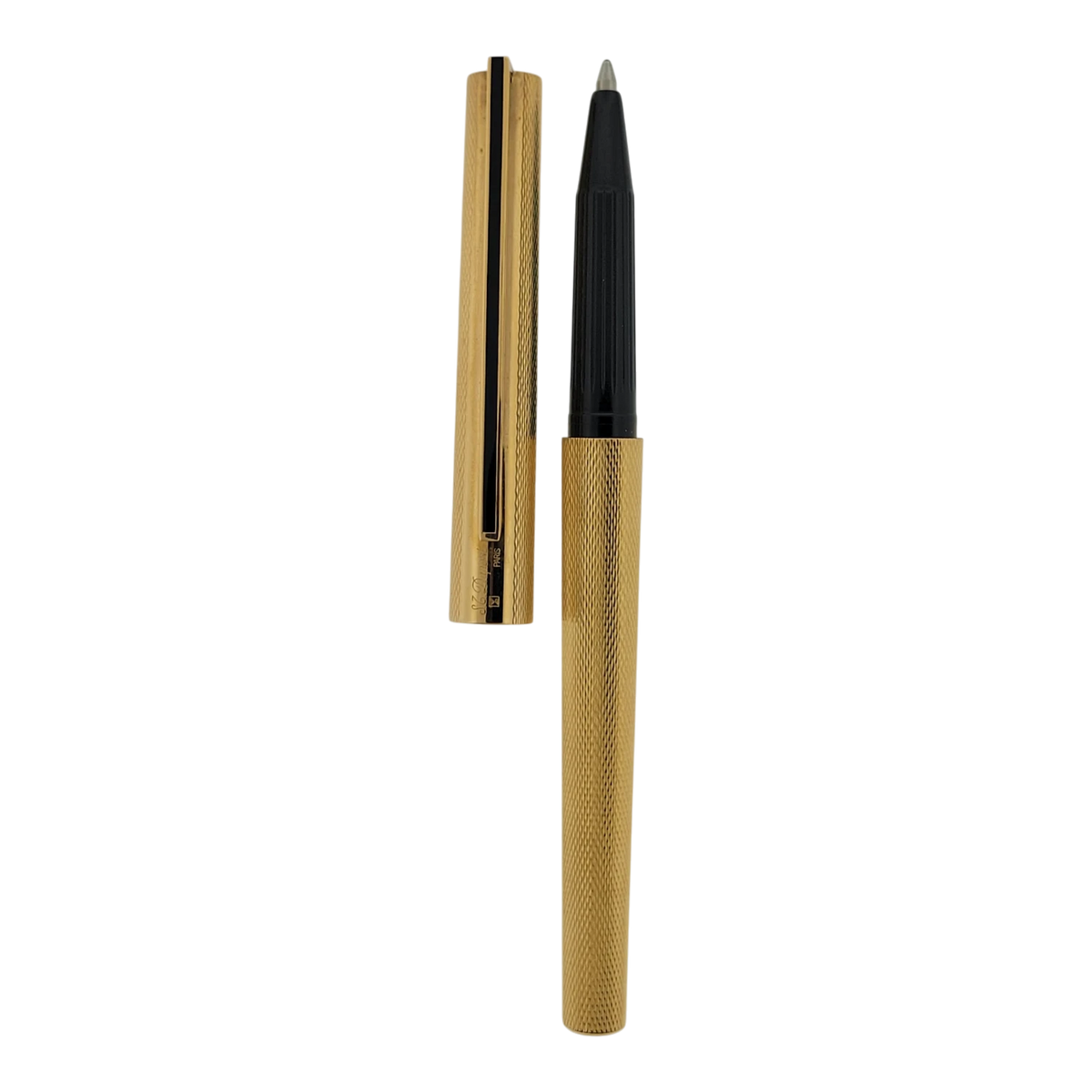 S.T. Dupont Classique rollerball pen with gold barley grain barrel and black lacquer section beside its cap