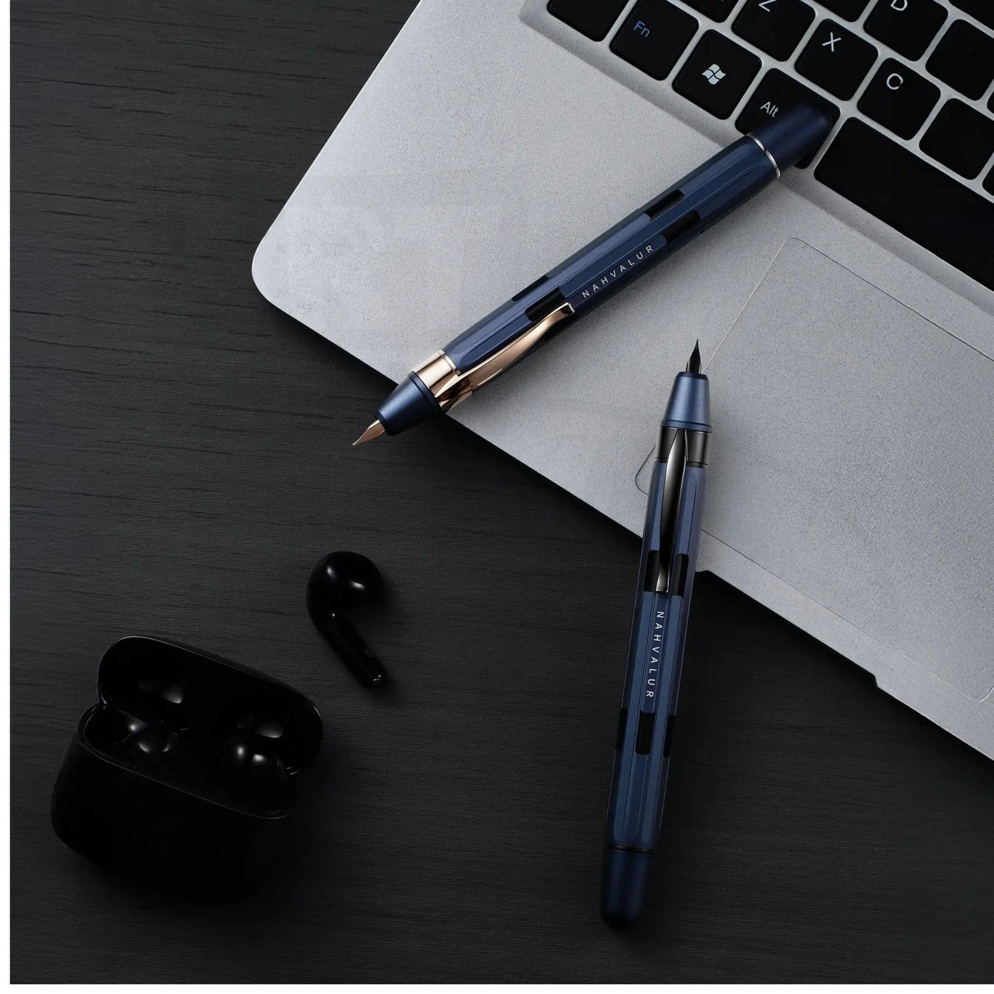 Nahvalur Eclipse Cobalt & Rose Gold Medium Fountain Pen aluminum body with cobalt blue and rose gold trim, two view angles