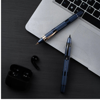 Nahvalur Eclipse Cobalt & Rose Gold Medium Fountain Pen aluminum body with cobalt blue and rose gold trim, two view angles