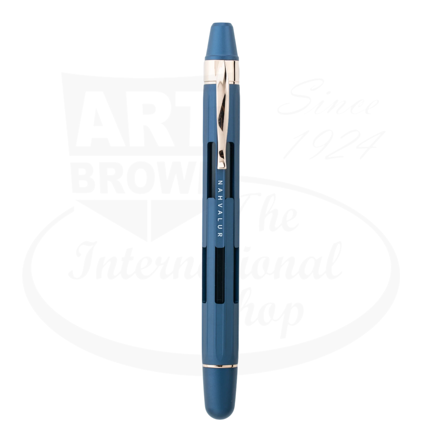 Nahvalur Eclipse Cobalt Rose Gold Medium Fountain Pen aluminum cobalt barrel with rose gold trim and steel nib