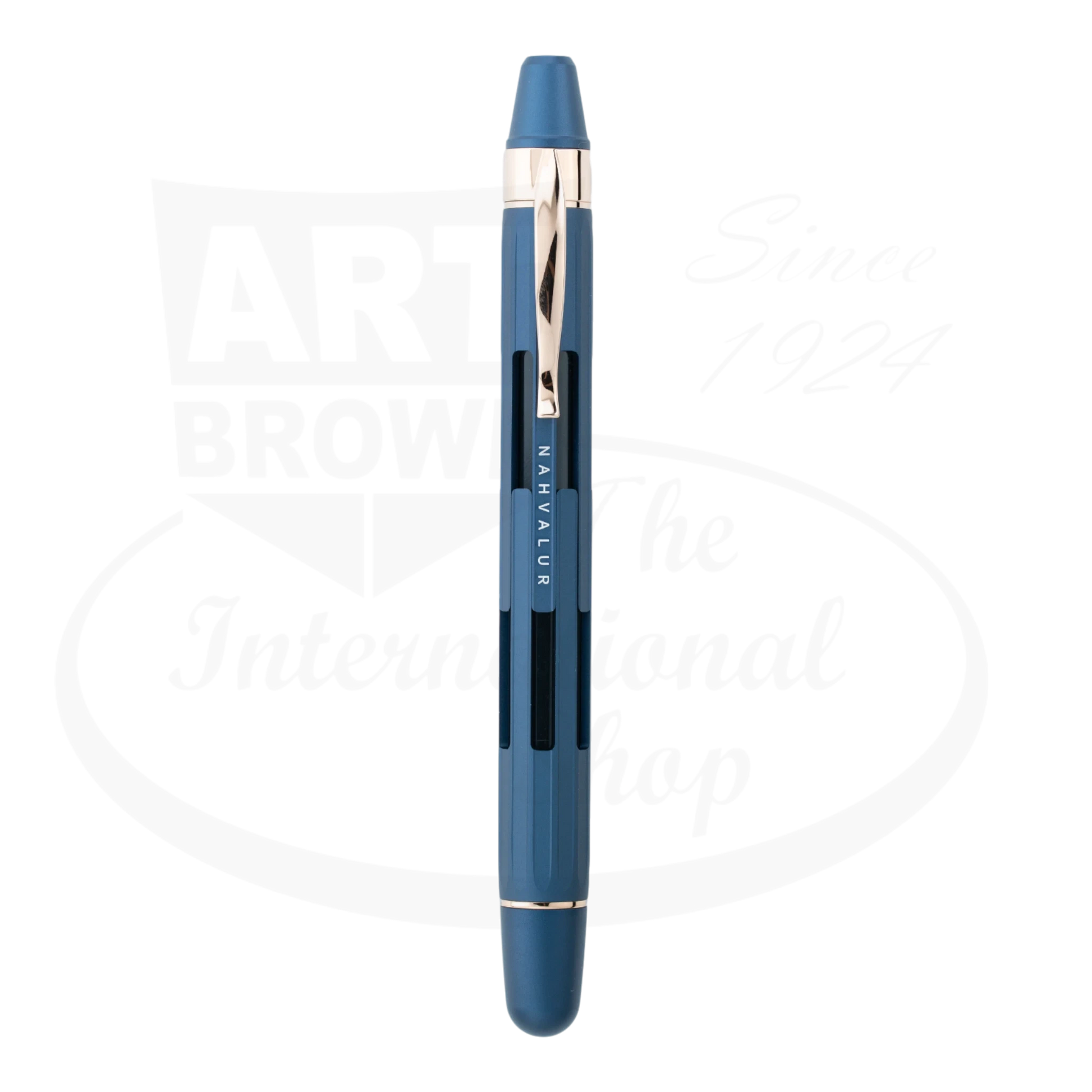 Nahvalur Eclipse Cobalt Rose Gold Medium Fountain Pen aluminum cobalt barrel with rose gold trim and steel nib