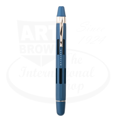 Nahvalur Eclipse Cobalt Rose Gold Medium Fountain Pen aluminum cobalt barrel with rose gold trim and steel nib