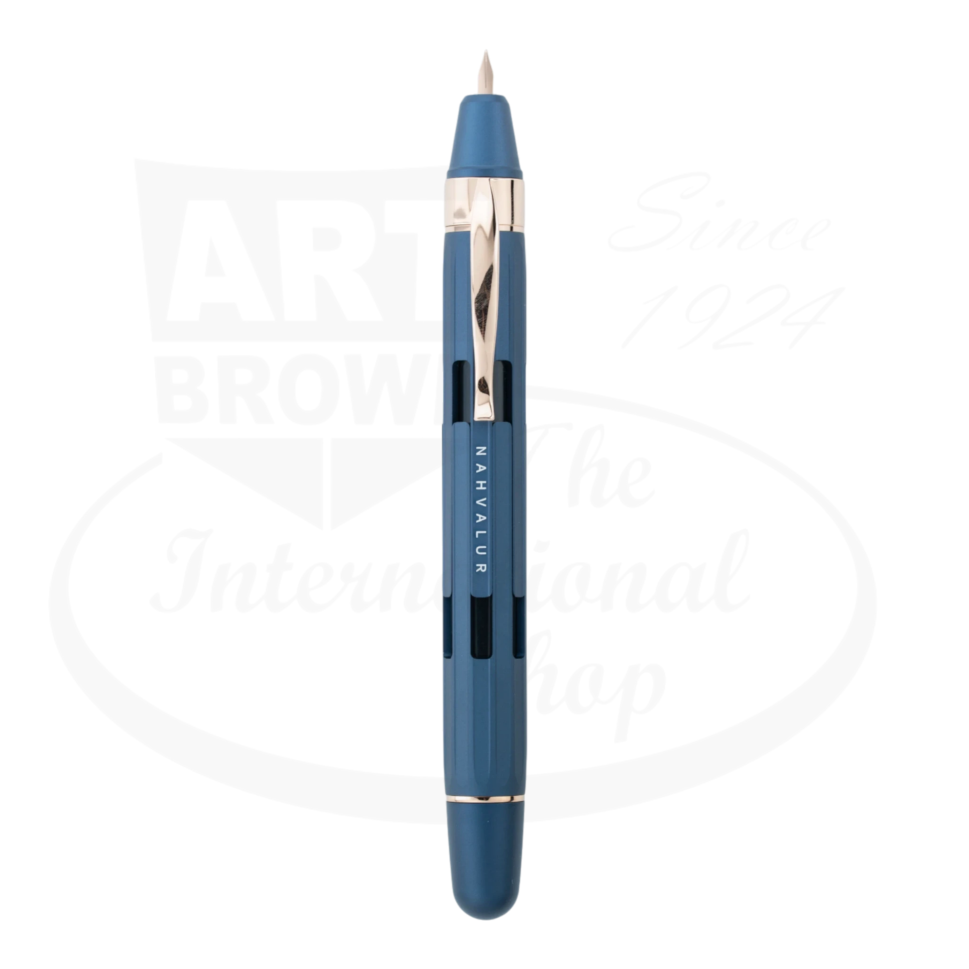 Nahvalur Eclipse Cobalt & Rose Gold Medium Fountain Pen aluminum cobalt blue barrel rose gold trim twist mechanism