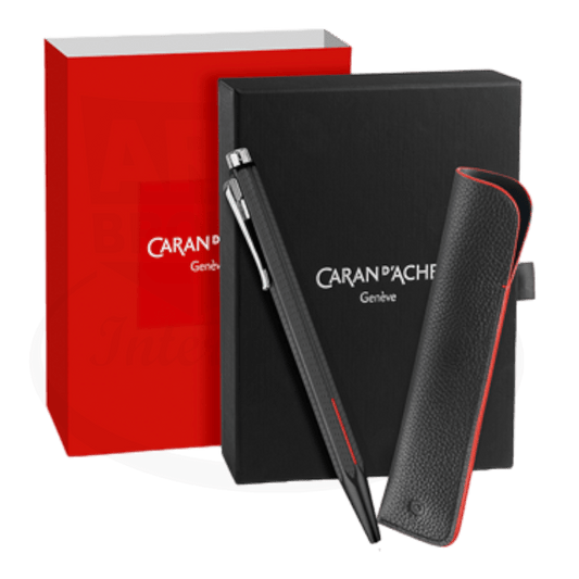 Caran D'Ache Ecridor Racing ballpoint pen set with red and black leather pen case and gift box