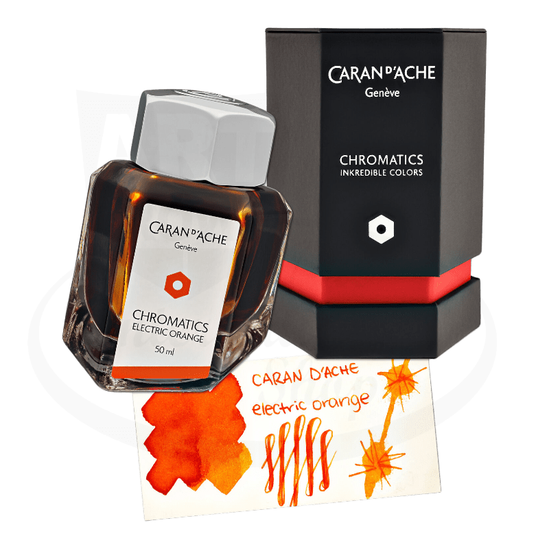 Caran D' Ache Chromatics Electric Orange fountain pen ink, in hexagonal bottle with color swatch and black hexagonal box